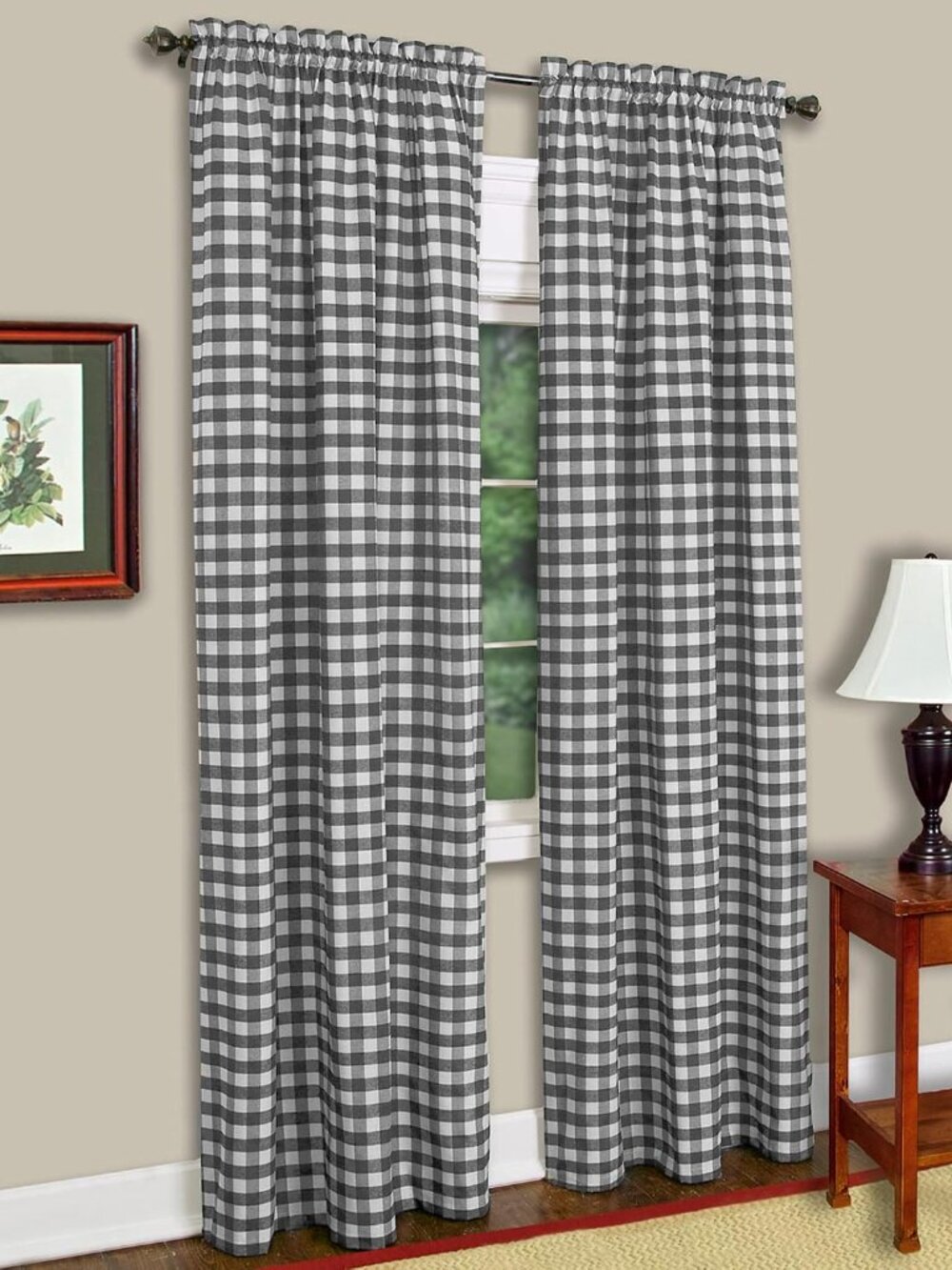 Buffalo Check Panel Curtain, 42 x 63 in, Black & White Plaid